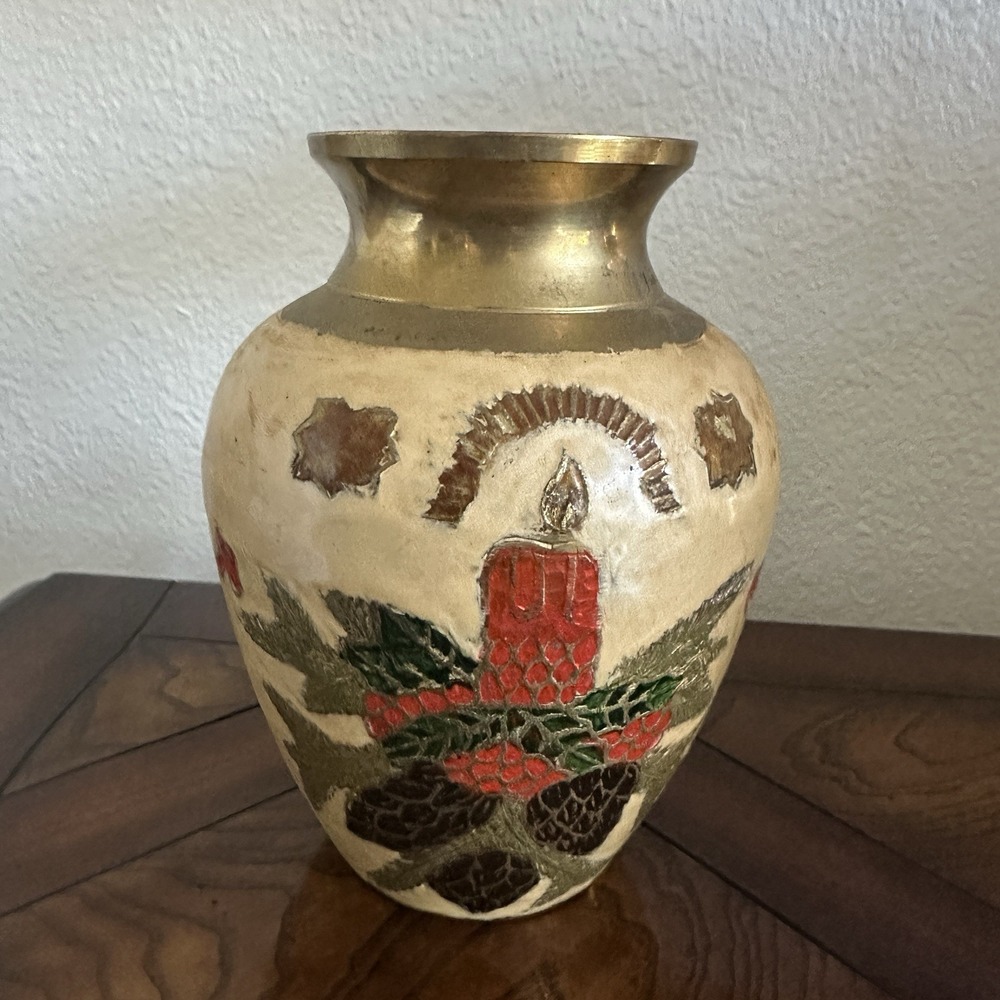 Vintage Cloisonné Enamel Brass Vase 7 Inch Christmas Candle Floral Pine Cone